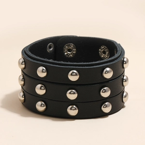 Punk style triple-row silver rivet black leather bracelet with snap closure for men