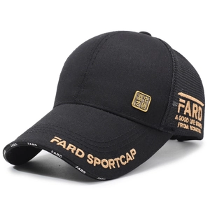Black mesh baseball cap with letter embroidery and golden metal badge for sun protection