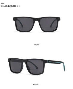 Front and 45-degree side view of matte black TR sports sunglasses with green accents