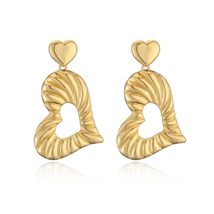 Elegant 18K gold-plated heart drop earrings with a stylish textured geometric hollow design