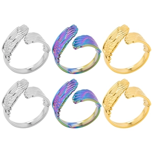 Stainless Steel Angel Wing Rings Open Adjustable Feather Texture Minimalist Vintage Fashion Jewelry For Women Men