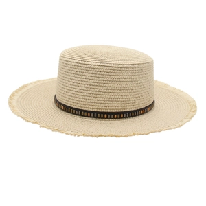 Beige flat top raffia sun hat with frayed edge and beaded decorative band for beach
