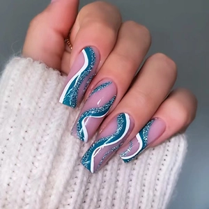 Long Ballerina Press On Nails Blue White Wave Pattern Glitter Artificial False Nails French Style Elegant Manicure For Women