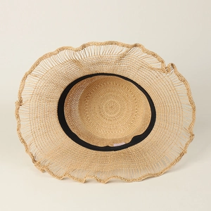 Wide brim raffia sun hat with wavy hollow edge and breathable straw texture for women
