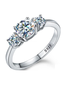 Detailed macro view of S925 sterling silver stamp on 1 carat moissanite three-stone ring