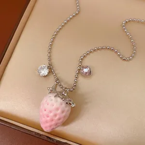 Pink flocked strawberry pendant necklace with heart crystal and silver bead chain