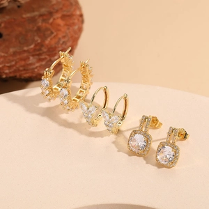 Butterfly And Square Cubic Zirconia Hoop Earrings 14K Gold Plated Copper 925 Sterling Silver Earring Post For Women