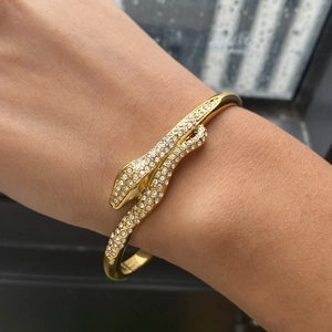 Luxury 18k gold plated snake open bangle with shimmering white crystals for women