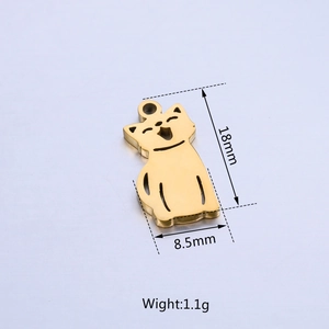 Polished gold cat-shaped metal pendant with dimensions 18mm by 8.5mm and 1.1g weight