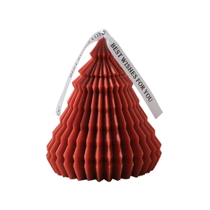 Origami Christmas tree candle in reddish brown with decorative white best wishes ribbon