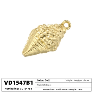 Detailed view of 17mm gold brass conch shell pendant with technical size specifications