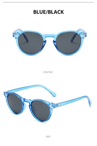 Detailed views of blue transparent retro round sunglasses with polarized black lenses