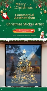 Macro view of UV printed golden ribbon Christmas tree sticker on glass window display