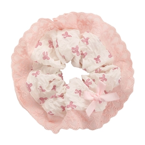 Blue plaid scrunchie with pink bow patterns and delicate lace trim for women