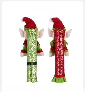 Rear view of Christmas elf sequin bottle covers in red and green festive colors