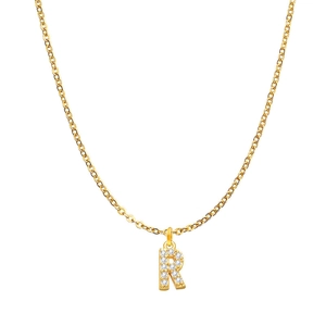 Close-up of gold chain with pavé-set letter R pendant featuring white crystals