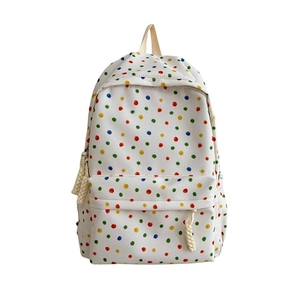 Mochila de lona blanca para mujer con motas de colores y bolsillo frontal con cremallera