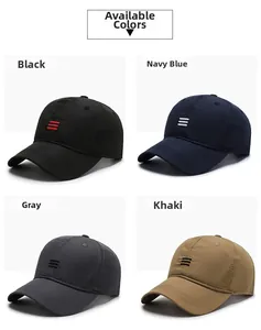 Color options for breathable baseball caps in black, navy, grey, and khaki with stripes