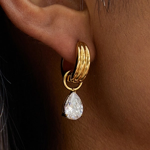 Classic 18K gold stainless steel hoop earrings with teardrop white zircon pendant