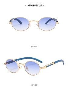 Front and 45-degree side view of oval vintage sunglasses with gold frame and blue lenses