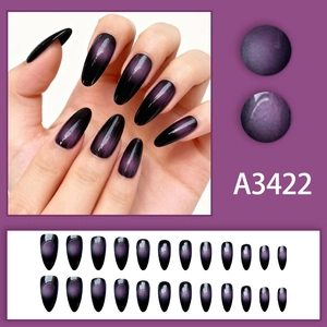 Almond-shaped purple amethyst press-on nails with cat-eye gradient effect and 24 pieces set