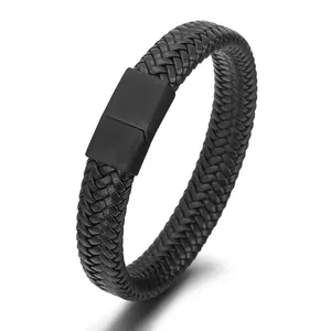 Men's minimalist black woven leather bracelet with a matte magnetic buckle on white background