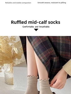 Detail shot of khaki knitted crew socks with elegant ruffled edges and ribbed texture