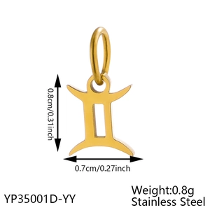 Detail view of gold Gemini zodiac pendant with exact size and weight specifications