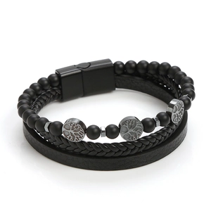 Bracciale multistrato da uomo in pelle nera con albero della vita e chiusura magnetica