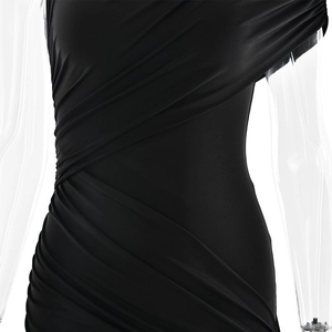 Close-up of black sleeveless dress featuring elegant ruched detailing and asymmetric drape