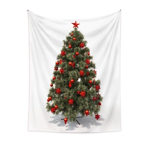 Dettaglio di un arazzo per albero di Natale bianco con decorazioni rosse e stelle