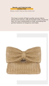 Close-up of woven straw handbag featuring a large decorative bow and natural texture