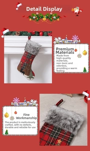 Detail of Christmas stocking with plush cuff and red plaid fabric featuring reindeer embroidery