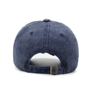 Deep blue washed cotton baseball cap with vintage metal buckle adjustment from back view