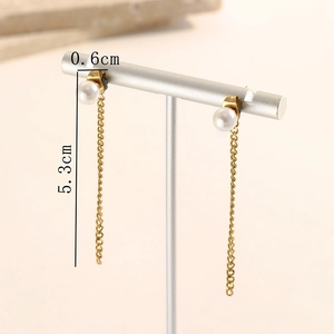 French style stainless steel pearl drop earrings with long gold chain tassels