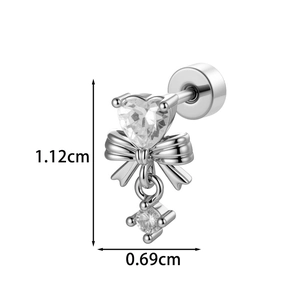 Squisito orecchino a perno in acciaio al titanio con cuore a fiocco e zircone, 1,12 cm
