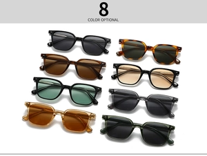 Collage of square oversized sunglasses in 8 assorted colors with metal rivets on temple