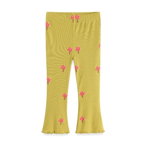 Girls Flared Leggings Mushroom Print Ribbed Knit Toddler Kids Mustard Yellow Cotton Blend Flared Pants With Wood Ear Hem