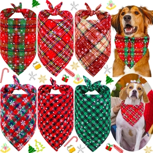 Christmas Pet Bandana Triangular Scarf Poly Cotton Plaid Snowflake Print Festive Dog Cat Bib Accessories Holiday