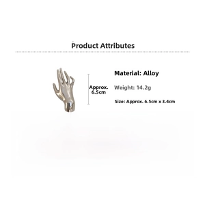 Polished silver palm hand brooch detail showing dimensions 6.5cm by 3.4cm on white background