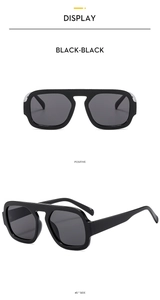 Detailed views of black oversized square sunglasses with silver metal hinges and dark lenses