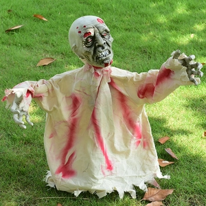 Outdoor Halloween zombie ground stake decoration with bloody beige robes and glowing eyes