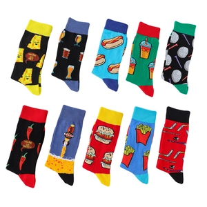 Detailed grid view of ten pairs of cotton mid-calf socks with colorful food and sports prints
