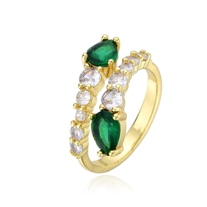 Double layer gold ring with pear shaped green zirconia and white background reflections
