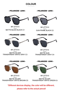 Detailed view of polarized pilot sunglasses in six different frame and lens color options