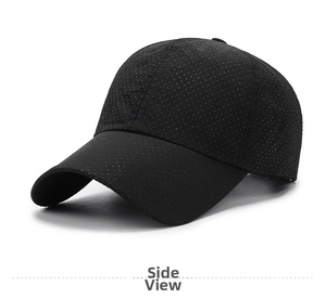 Side view of black quick-dry baseball cap showing breathable laser-cut vent holes
