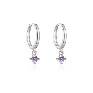 Minimalist S925 sterling silver hoop earrings with round purple gemstone charms