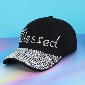 Trendy Rhinestone Letter Blessed Polyester Baseball Cap Sun Protection Unisex Hip Hop Fashion Adjustable Snapback Hat