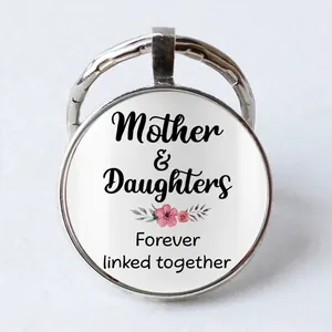 Detail of silver round keychain with Mother & Daughters floral glass cabochon