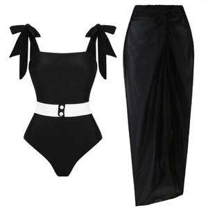 Costume intero nero con spalline a fiocco e gonna lunga a portafoglio coordinata per donna